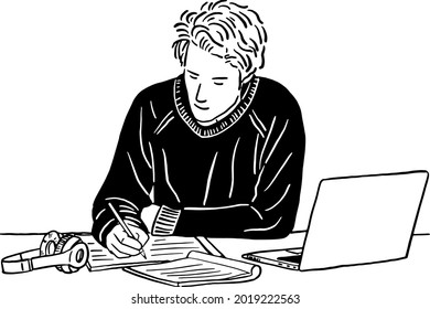 Man writing on notebook Table with headphone laptop computer Creative people working Hand drawn line art illustration