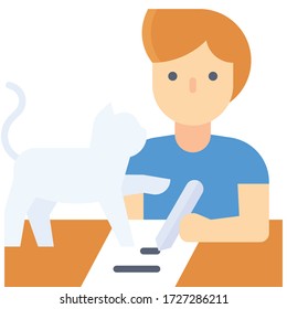 Man writing on paper with cat, work from home vector