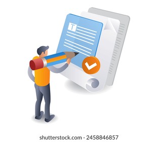 Man writing on paper infographic illustration 3d flat isometric