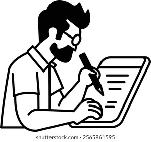 A man is writing on a piece of paper. He is wearing glasses and has a beard. Concept of focus and concentration as the man writes