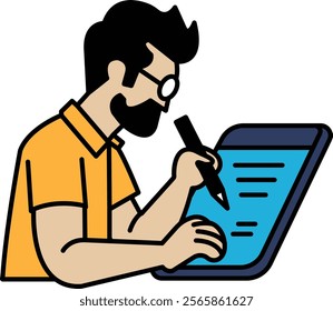 A man is writing on a tablet with a pen. He is wearing glasses and has a beard. Concept of focus and concentration as the man writes