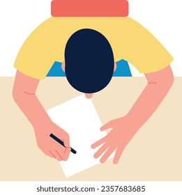 Man writing paper document. Person top view