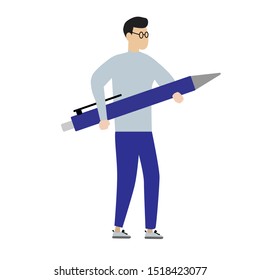 Man with writing pen. Flat cartoon character isolated on white background