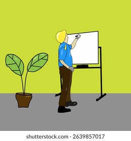 a man writing or pointing at a blank whiteboard ready for your text or image. This versatile design can be used for various purposes such as announcements, teaching, promotions, infographics. 