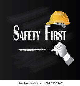 Man Writing  Safety First On Chalkboard.safety First Concept.safety First. Vector Illustration  