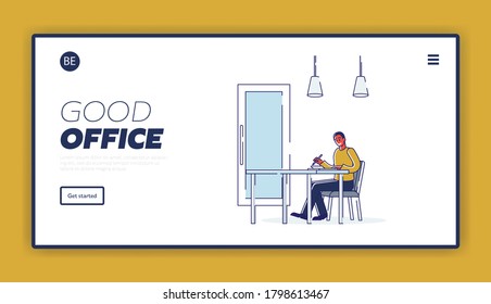 Man writing sitting at desk. Good office landing page design with businessman working on document. Business man mailing, reading contract or student making essay. Linear vector illustration