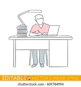 Man writing sitting in front of laptop at the table. Editable line sketch. Stock vector illustration