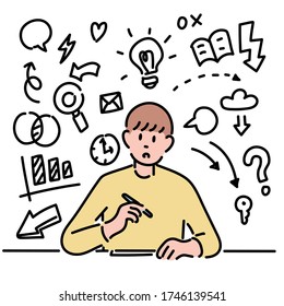 A man is writing something at the desk. Line icon doodles are decorated around the man. hand drawn style vector design illustrations. 
