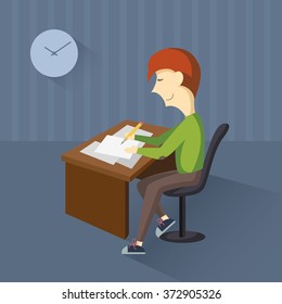 Man writing something at his desk. Flat vector illustration. The man writing something at his desk in the room with the clock on the wall.