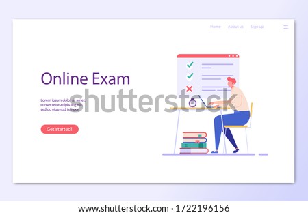 Man writing university exam with laptop. Student taking distance test. Concept of online exam, online survey, testing, e-learning. Vector illustration in flat design for UI, banner, landing page