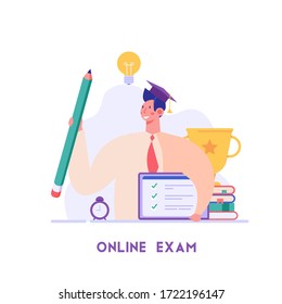 Man writing university exam with tablet. Student taking distance test. Concept of online exam, online survey, testing, e-learning. Vector illustration in flat design for UI, banner, mobile app