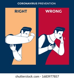 Man for wrong cough in hand and the correct method in napkin and elbow fold to corona virus prevention