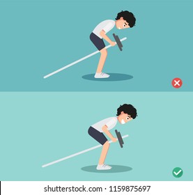 man wrong and right bent over row posture,vector illustration