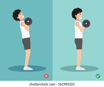 man wrong and right dumbbell curl posture,vector illustration