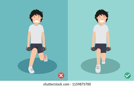 man wrong and right dumbbell lunge posture,vector illustration