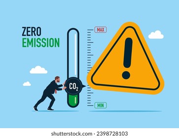 Man wrong turning gauge arrow pointer to lowest level of CO2. Flat vector illustration