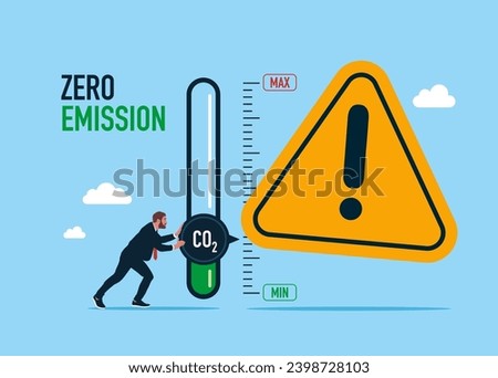 Man wrong turning gauge arrow pointer to lowest level of CO2. Flat vector illustration