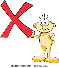 Man with an X symbol in his hand. Checked or marked symbol. Incorrect symbol in red. Vector illustration in cartoon style available in EPS 10.