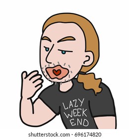 Man yawn wearing lazy weekend shirt cartoon vector illustration