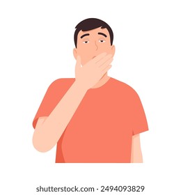 Man yawning because he is sleepy. Covering his mouth while yawning because he lacks sleep. Vector illustration