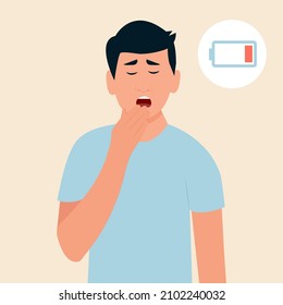 Man Yawning Covering Mouth With Hand.  Sleepy Person With Open Mouth.Fatigue. Low Energy.Vector Illustration