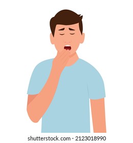 Man yawning covering mouth with hand.  Sleepy person with open mouth.Fatigue. Low energy.Vector illustration