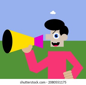 man yell on megaphone at somebody to control and command
