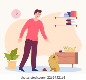 Man yelling at dog for pooping on floor vector illustration. Angry male character scolding pet for bad behavior in living room on white background. Pet training, cleaning service, animal concept
