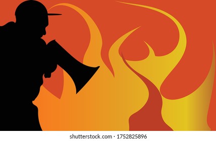 Hombre gritando en megáfono con vector de iluminación de fondo de llama