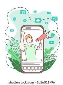 Man yelling through megaphone in smartphone screen. Social media, Shopping online, Market place, Information, Discount, Sale, Advertising concept. Hand drawn flat character vector style.