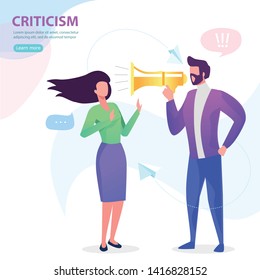 The man yelling at a woman in the mouthpiece. Criticism. Flat vector concept illustration.