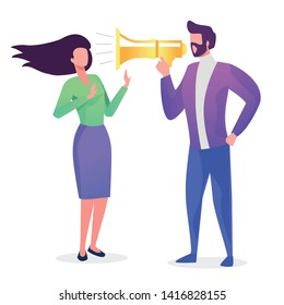 The man yelling at a woman in the mouthpiece. Criticism. Flat vector concept illustration.