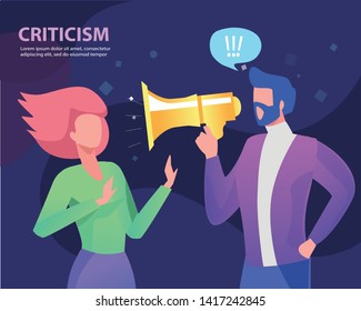 The man yelling at a woman in the mouthpiece. Criticism. Flat vector concept illustration.