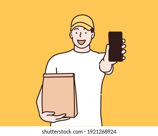 Man in yellow cap, t-shirt giving fast food order isolated on yellow background. Hand drawn style vector design illustrations.