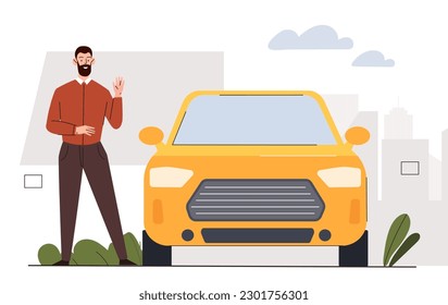 Hombre con auto amarillo. Joven cerca del vehículo. Propietario del coche, comprador del transporte. Servicio de taxi y de transporte de carga, orden. Carácter en calle urbana con automóvil. Dibujo vectorial plano de dibujos animados