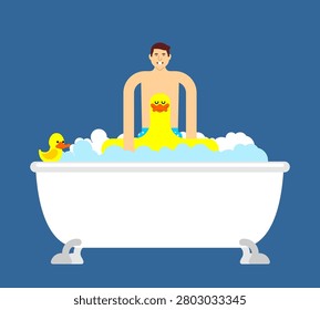 man with yellow glasses relaxing in a white bathtub filled with bubbles. Concept of personal hygiene, self-care, and evening relaxation.