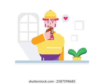 Man in yellow hat eating and enjoying chocolate, sweet tooth. Design character. Vector flat illustration