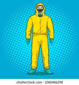 Man in yellow hazard protective suit pop art retro vector illustration. Color background. Comic book style imitation.