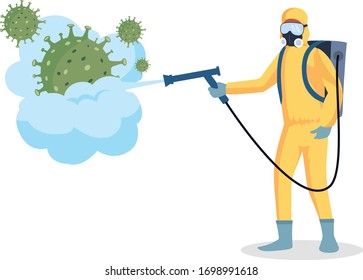 Man In Yellow Hazmat Suit Cleaning And Disinfecting Coronavirus. Virus Disinfect Protection Concept. Vector Stock