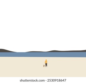 Hombre de capucha amarilla con perro de pie en la playa de arena. Viaje con su mascota durante las vacaciones. Diseño de arte de la naturaleza mínima.