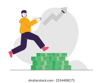 The man in the yellow hoodie is jumping, getting a lot of profit from the rising investment. Character design. Vector flat illustration