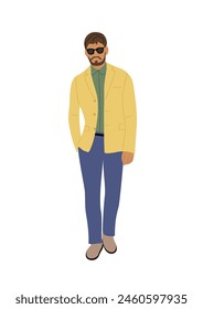 A man in a yellow jacket and blue pants is standing in front of a white background. He is wearing sunglasses and a green shirt. Hand drawn vector illustration isolated. 