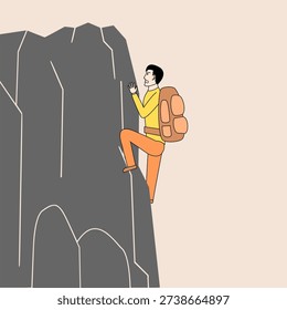 A man in a yellow jacket is climbing a mountain with a backpack. Concept of adventure and determination as the man faces the challenge of reaching the top