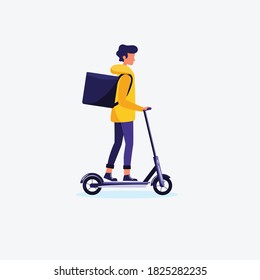 A man in a yellow jacket with a large backpack on his back rides a scooter. Concept of delivery of food and things, fast delivery on a scooter. Vector illustration.