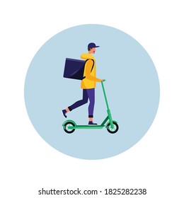 A man in a yellow jacket with a large backpack on his back rides a scooter. Concept of delivery of food and things, fast delivery on a scooter. Vector illustration.