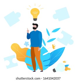 Man and Yellow Lamp overhead. Idea Generation. Creating Business Idea. New Technologies. Turn into Reality Thoughts. Vector Illustration. Reward for New Idea.