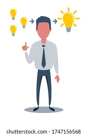 Man and Yellow Lamp overhead. Idea Generation. Creating Business Idea. New Technologies. Turn into Reality Thoughts. Vector Illustration. Reward for New Idea.