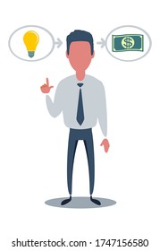 Man and Yellow Lamp overhead. Idea Generation. Creating Business Idea. New Technologies. Turn into Reality Thoughts. Vector Illustration. Reward for New Idea.