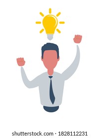 Man and Yellow Lamp overhead. Idea Generation. Creating Business Idea. New Technologies. Vector Illustration. Reward for New Idea. svg