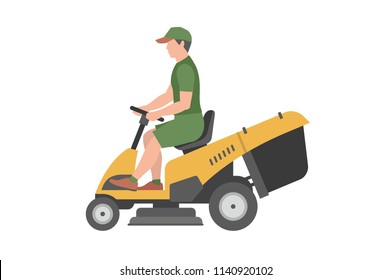 Man with yellow lawnmower. flat style. isolated on white background